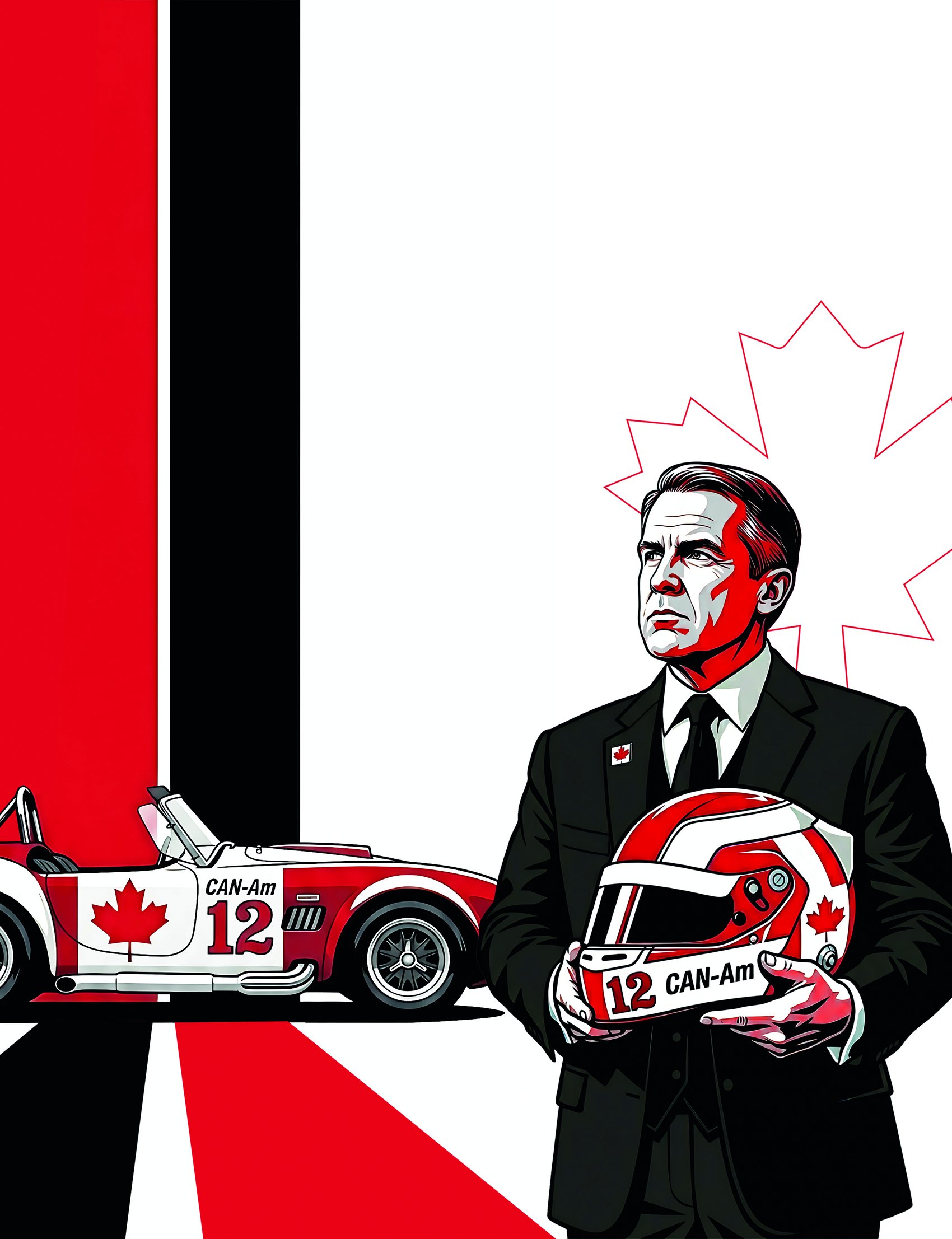Ilustración de un representante de Canadá con casco CAN-Am y un auto de carreras canadiense