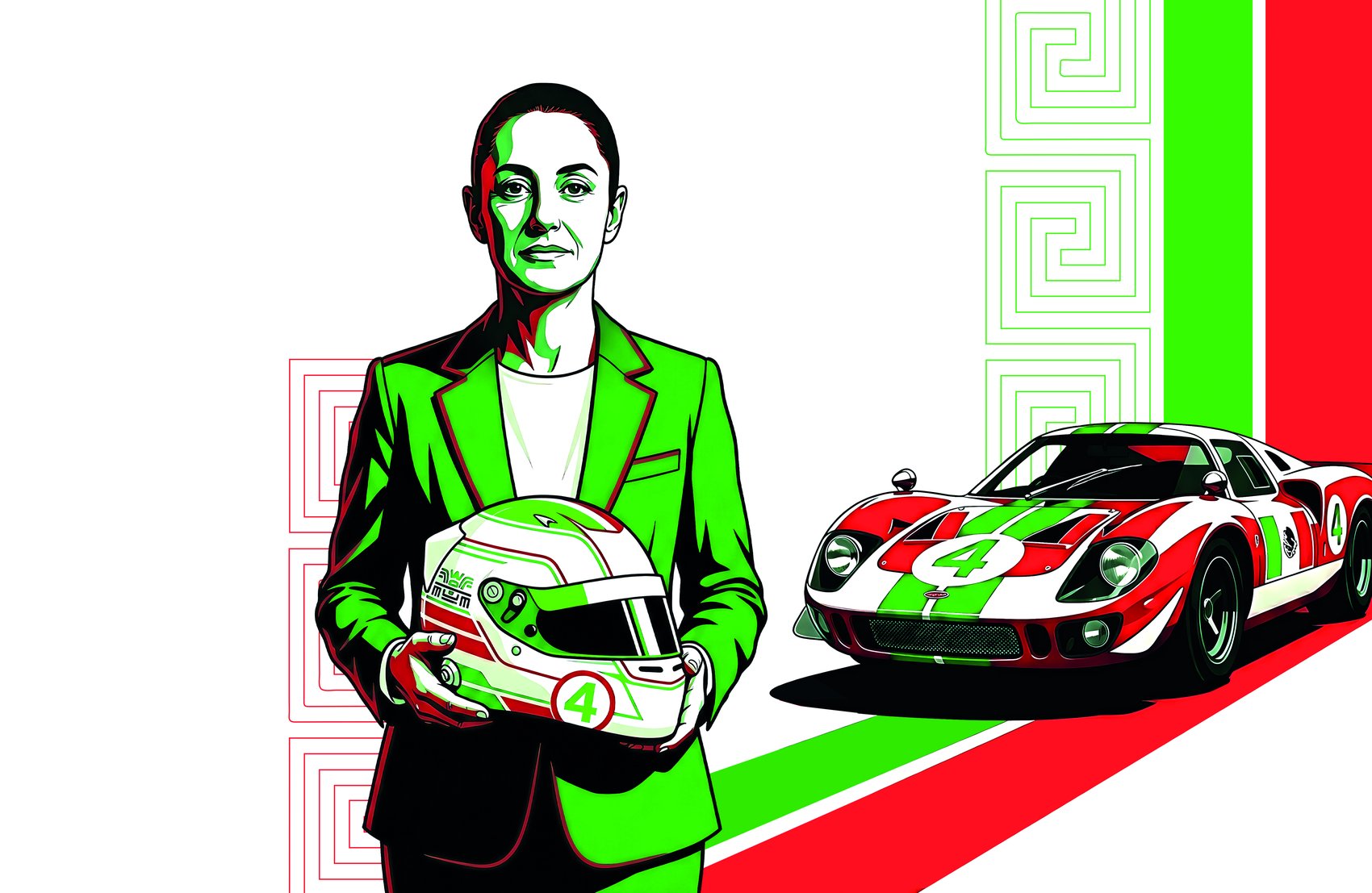 Ilustración de Claudia Sheinbaum con casco en colores de México y un GT40 mexicano