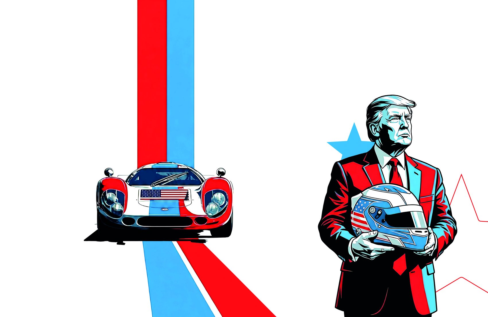 Ilustración de Donald Trump con casco y un Ford GT40 en colores de Estados Unidos