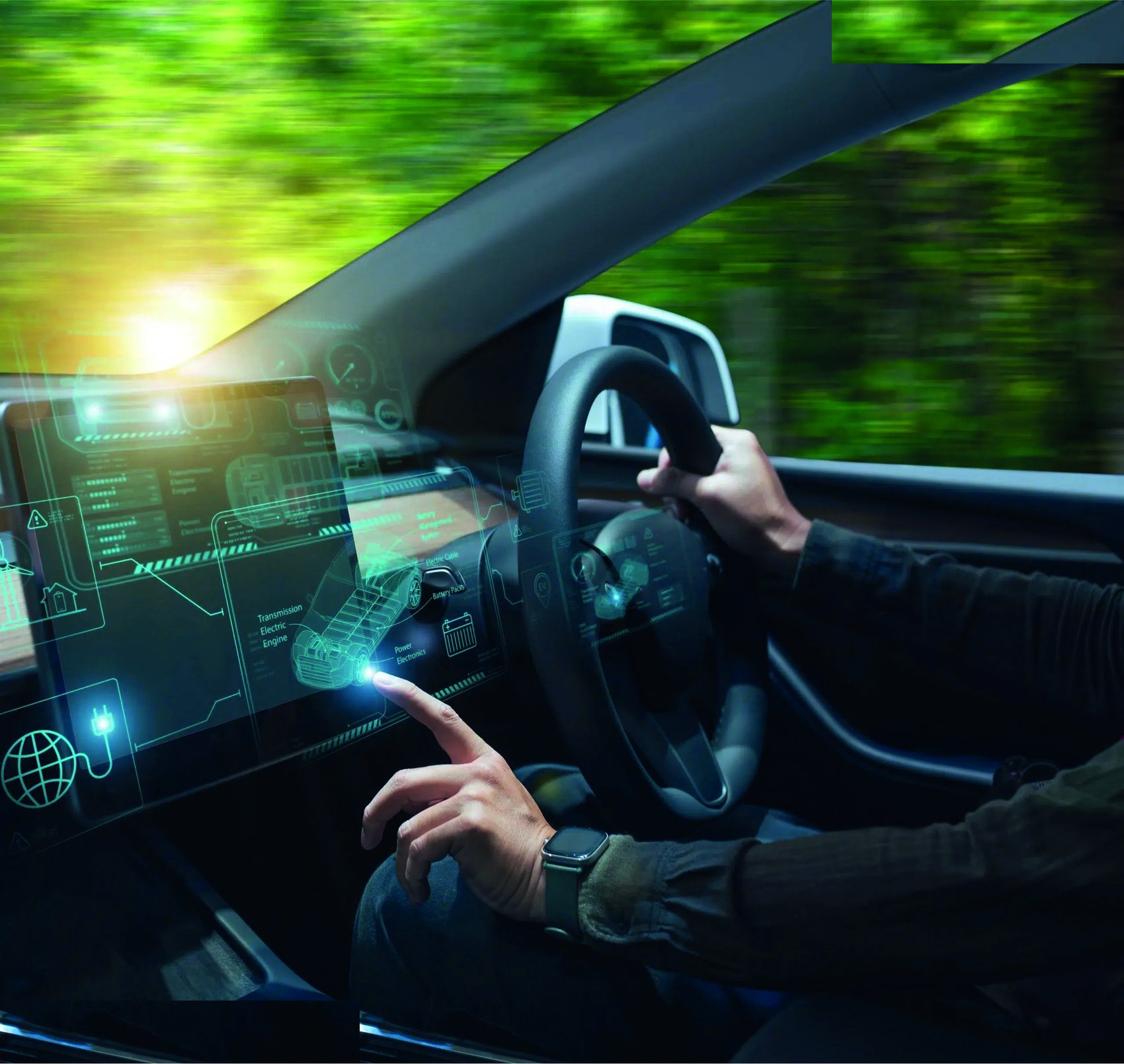 Mano del conductor interactuando con una pantalla del auto